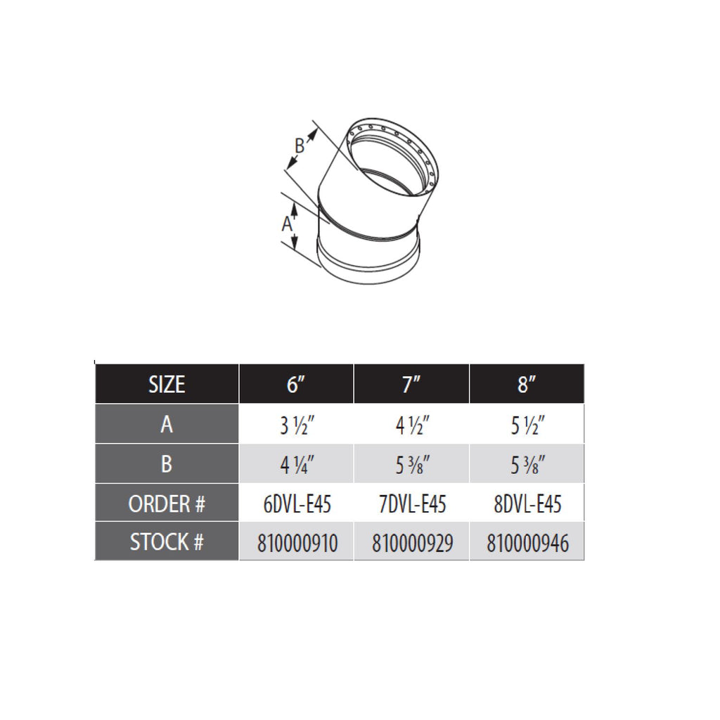 Double-wall 45 degree elbow vent fitting diagram with size measurements and order codes