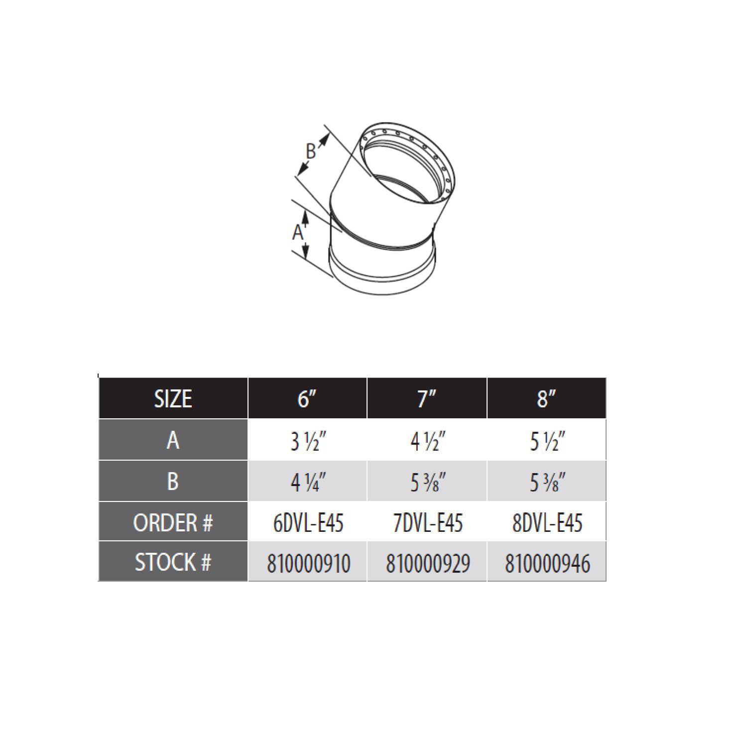 Double-wall 45 degree elbow vent fitting diagram with size measurements and order codes