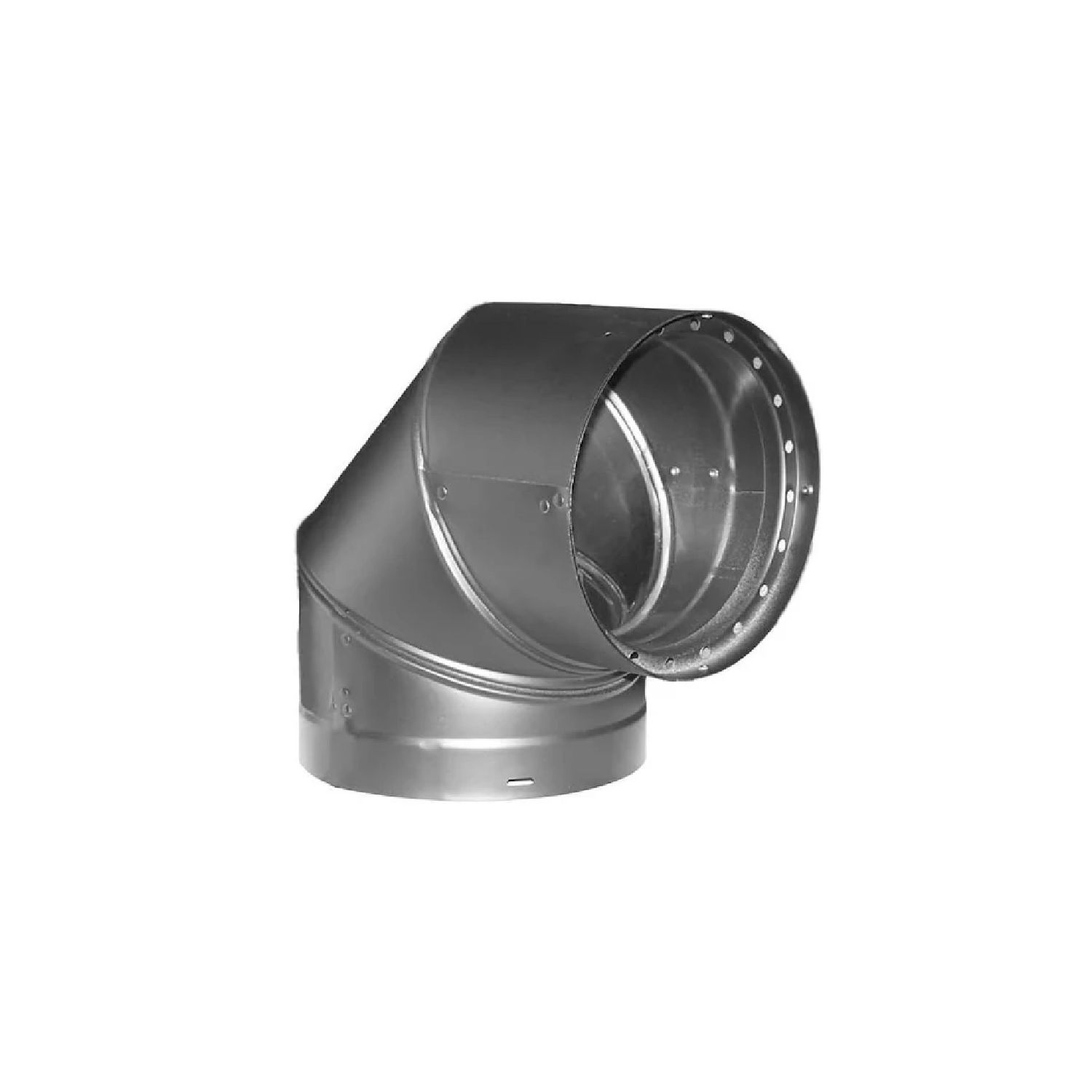 Double-wall 90-degree vent elbow fitting, dark metal, with flanged ends