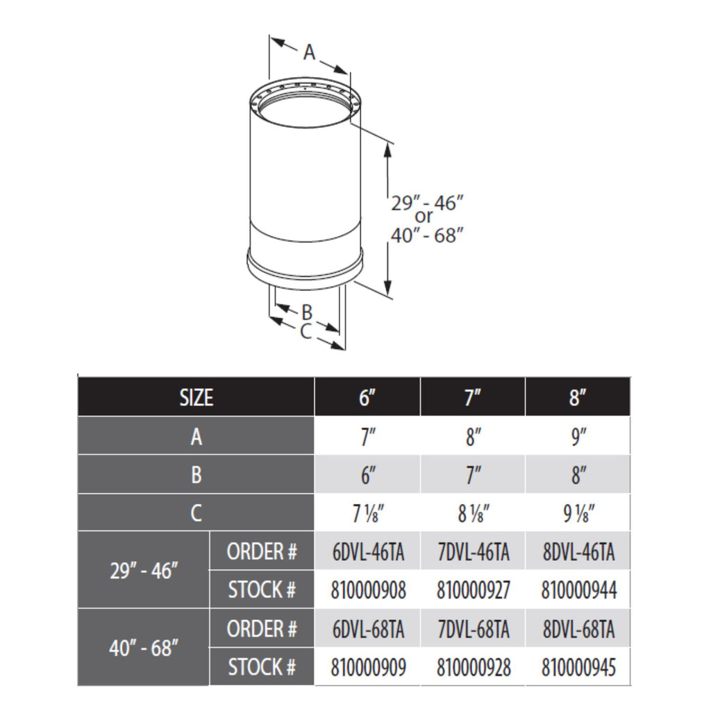 Telescoping vent pipe diagram with upper and lower collars and dimension callouts