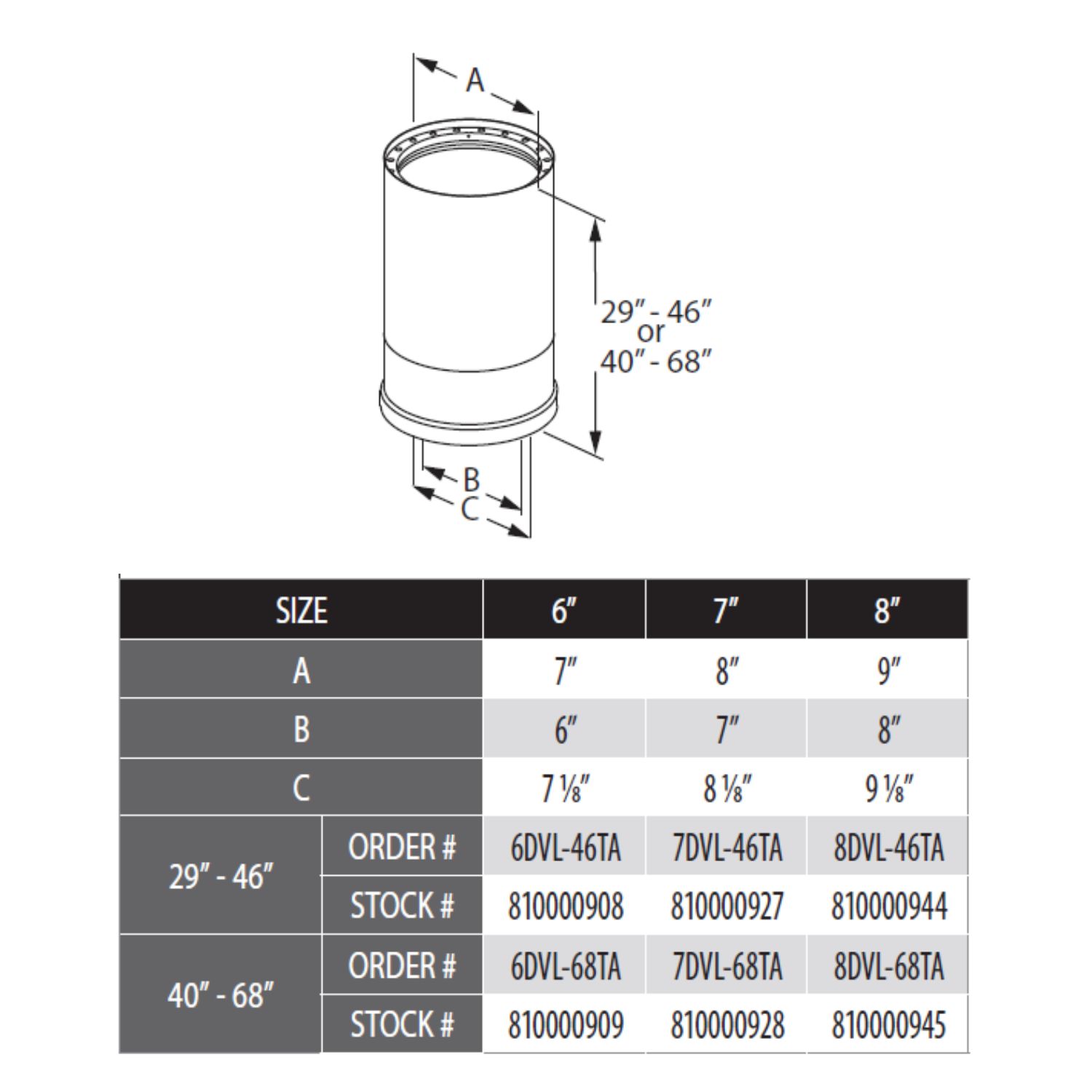 Telescoping vent pipe diagram with upper and lower collars and dimension callouts