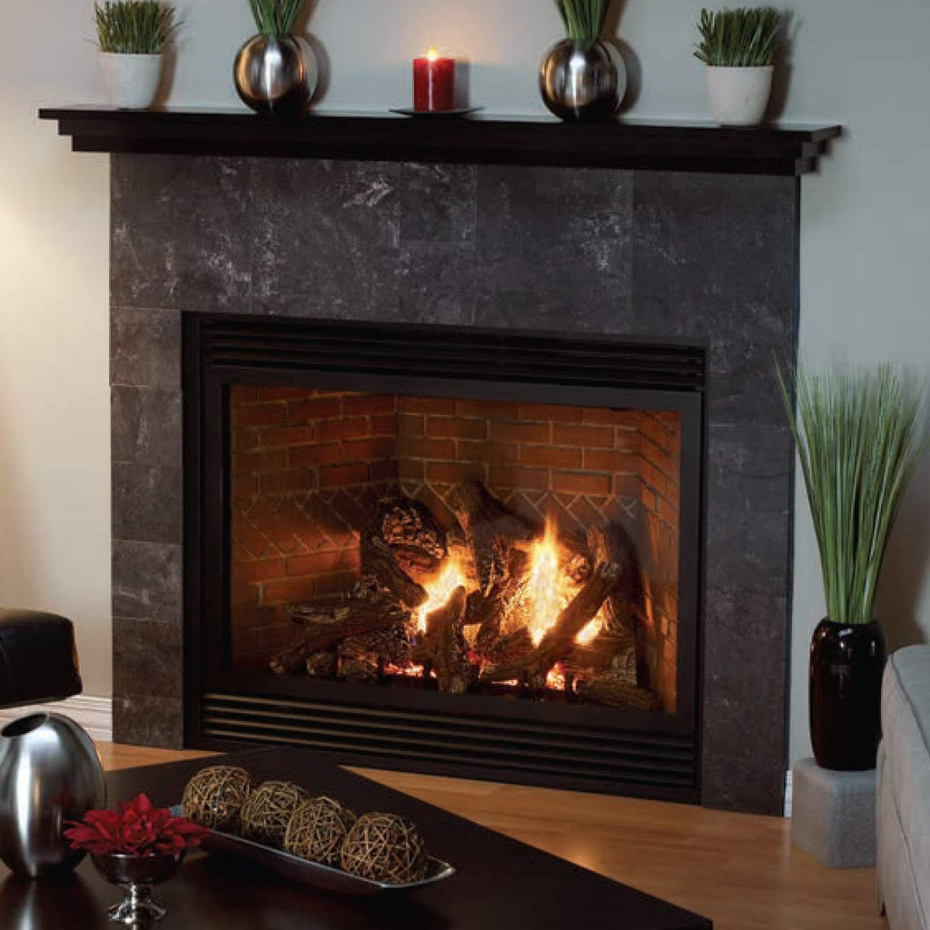 Direct vent fireplace with black frame and brick firebox, burning logs