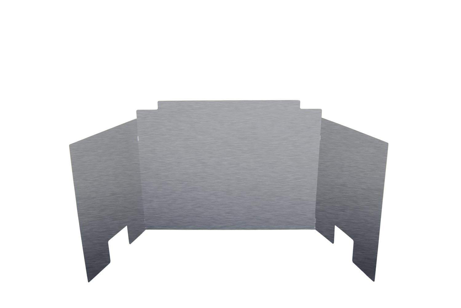Three-panel metal fireback with rectangular center panel and side tabs