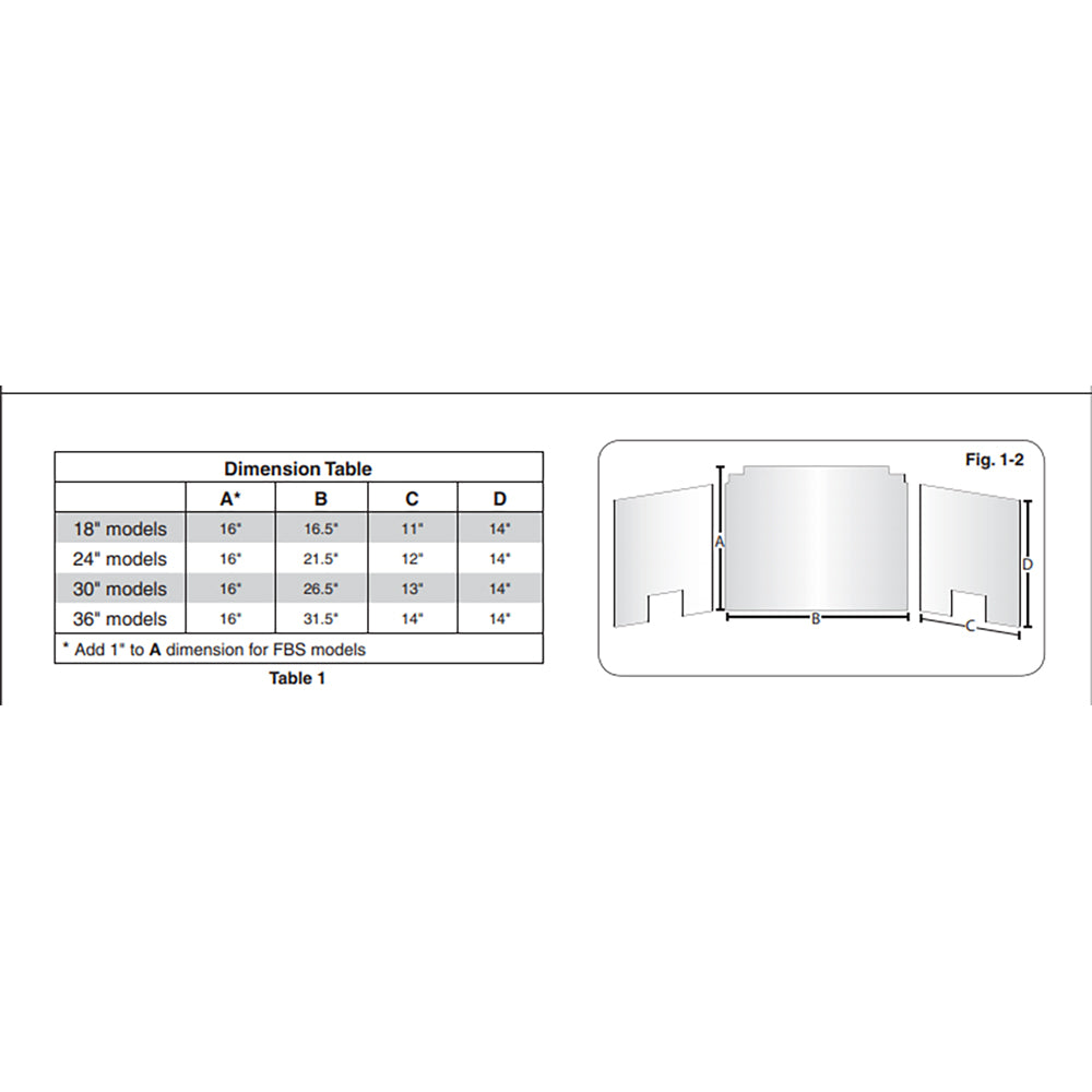 Fyreback three-panel dimension diagram with labeled measurements