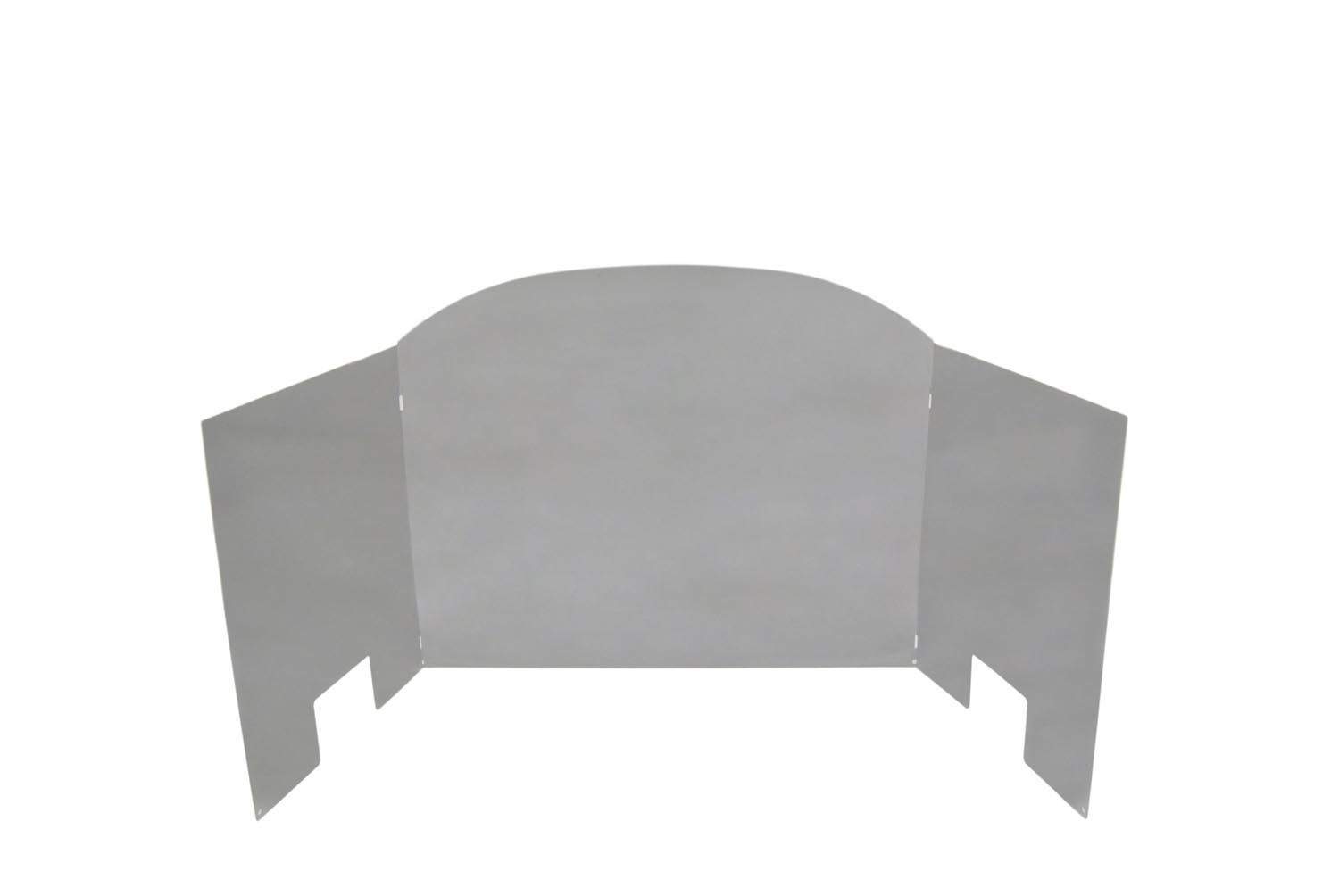 Polished stainless steel three-panel fireback with rounded top center plate