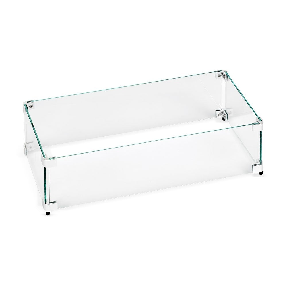 Rectangular clear glass fire pit wind guard with metal corner brackets