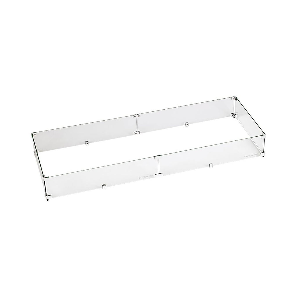 Rectangular clear glass wind guard for fire pit with metal mounting brackets
