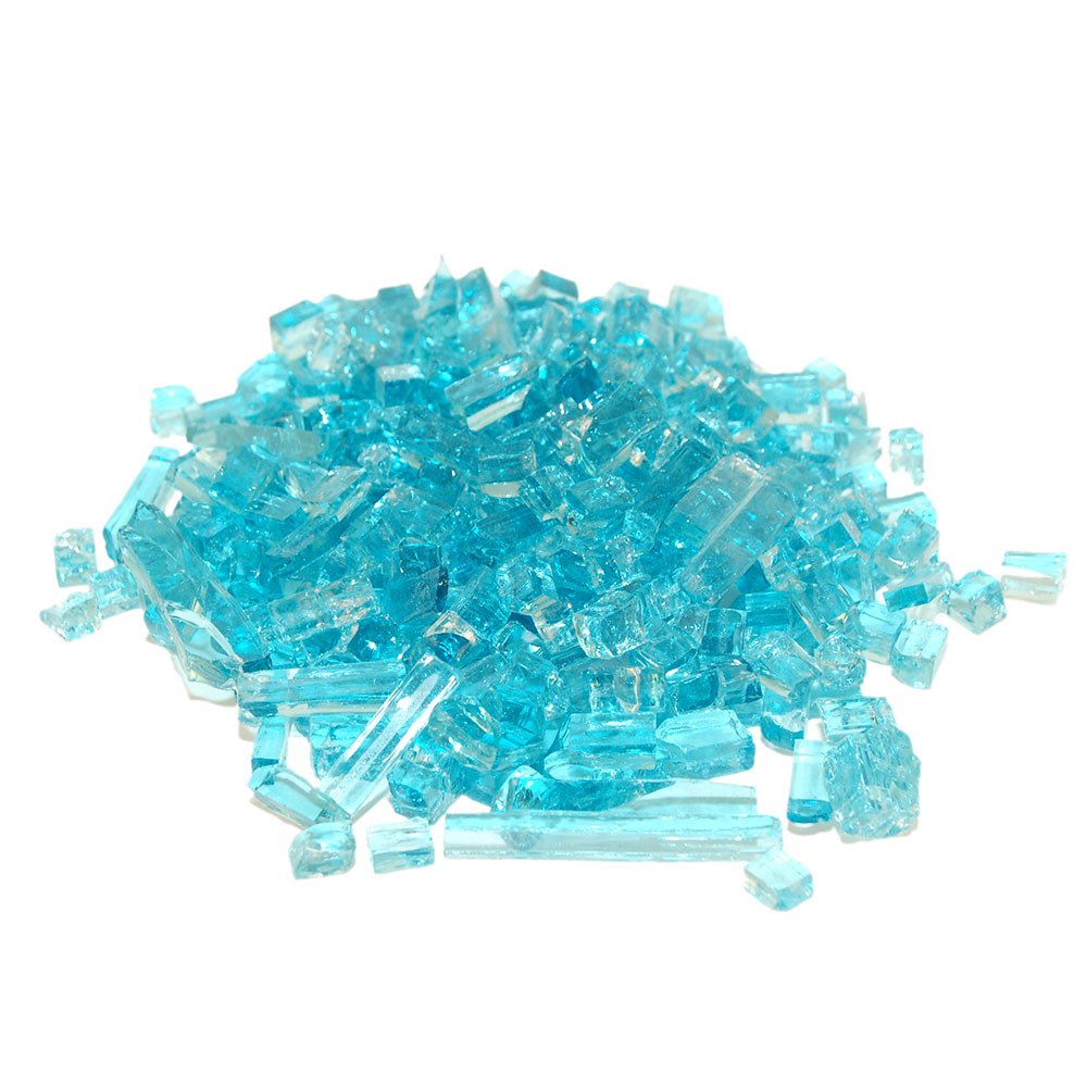 Blue fire glass, crushed glass shards in a loose pile