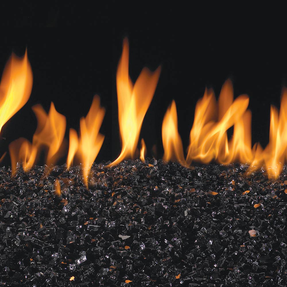 Black fire glass bed with flames rising, for outdoor fire pits