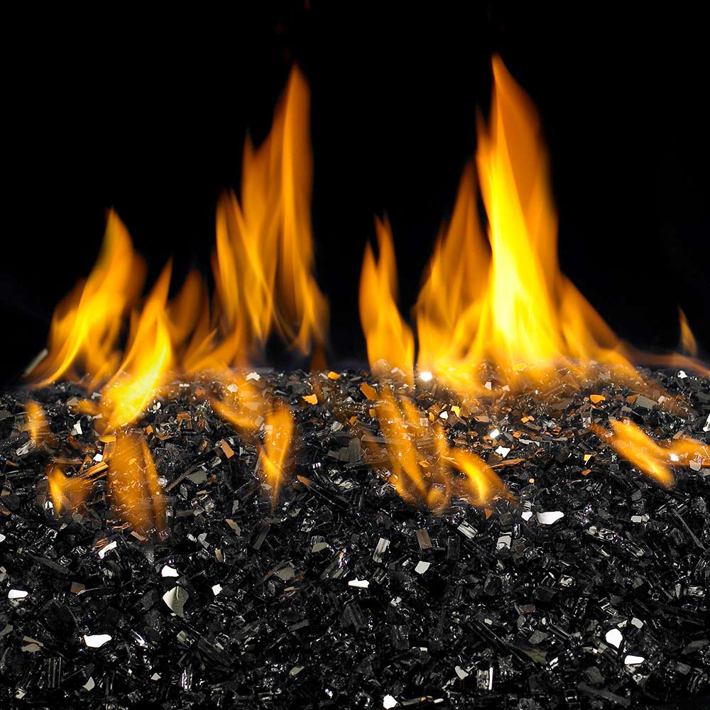 Black reflective fire glass with flames, glossy glass pieces for outdoor fire