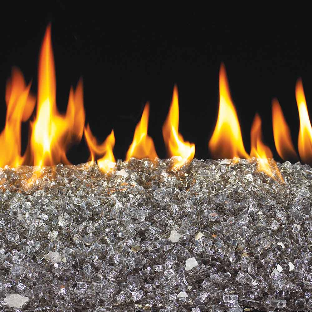 Bronze fire glass bed with visible flames rising above the glass
