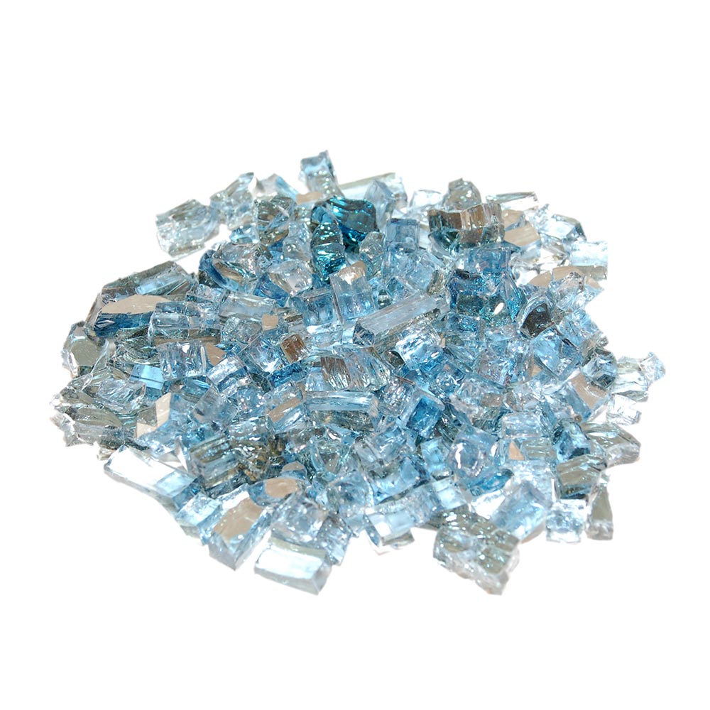 Blue reflective fire glass chunks with sparkling, glassy facets