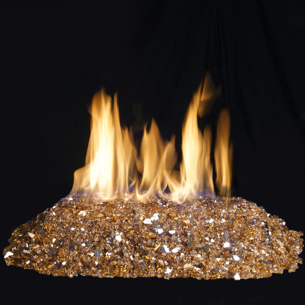 Real Fyre reflective fire glass bed with flames, copper-amber sparkle shards