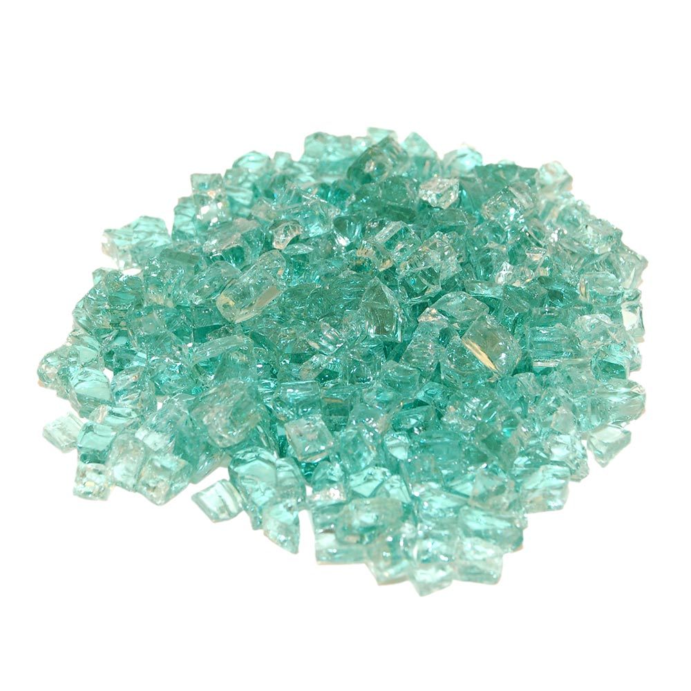 Emerald green fire glass chunks for gas fire pits, assorted faceted pieces