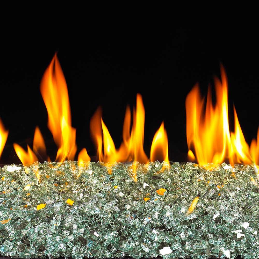 Reflective fire glass bed with small flames, green-tinted shiny glass for fireplaces
