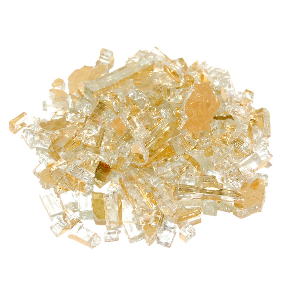 Gold reflective fire glass with small clear and amber glass pieces