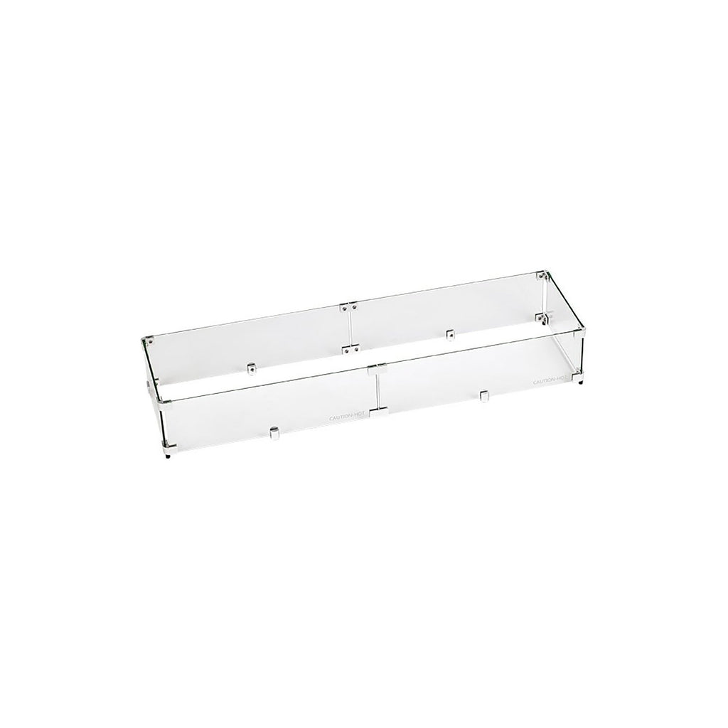Linear clear glass fire pit wind guard with metal frame and side feet