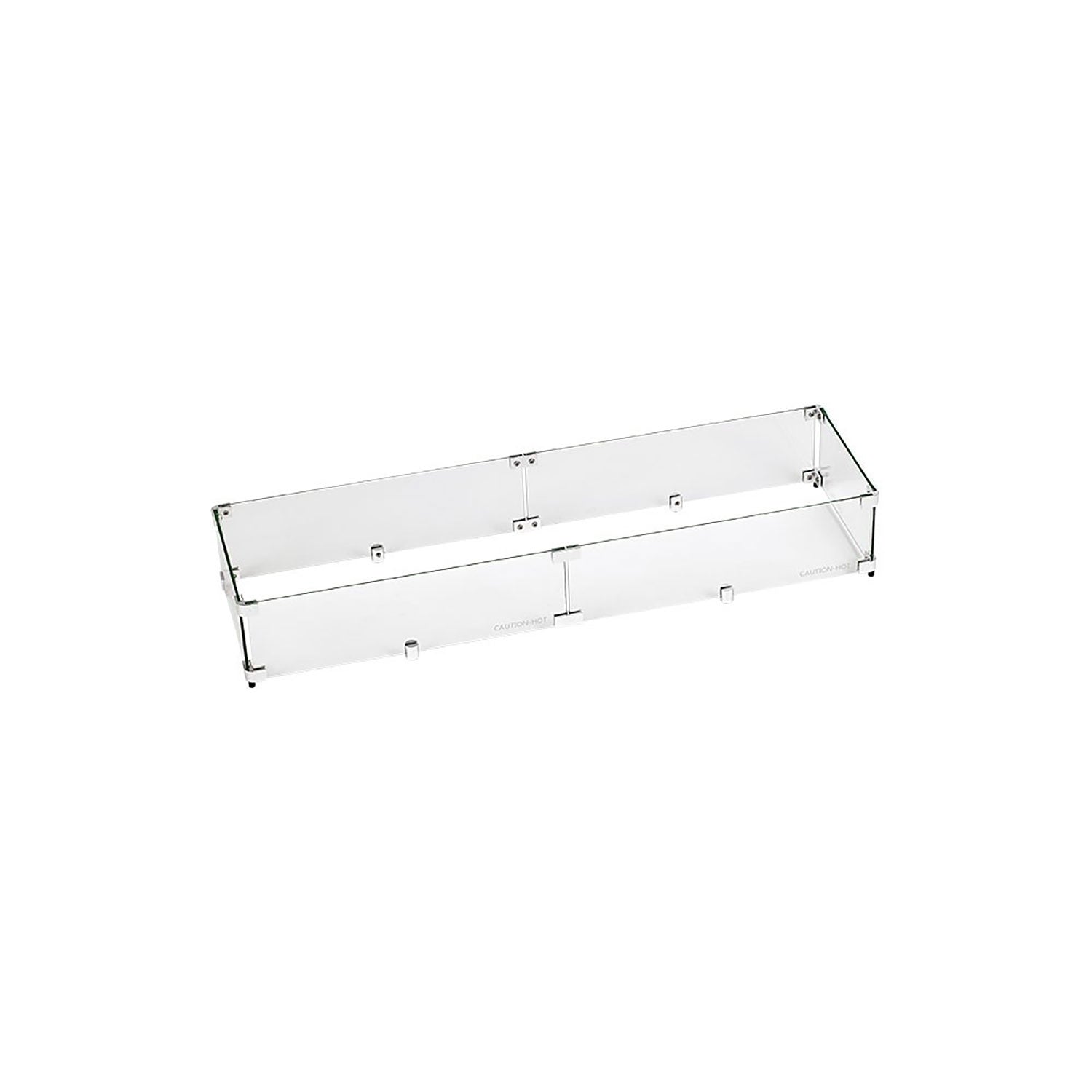 Linear clear glass fire pit wind guard with metal frame and side feet
