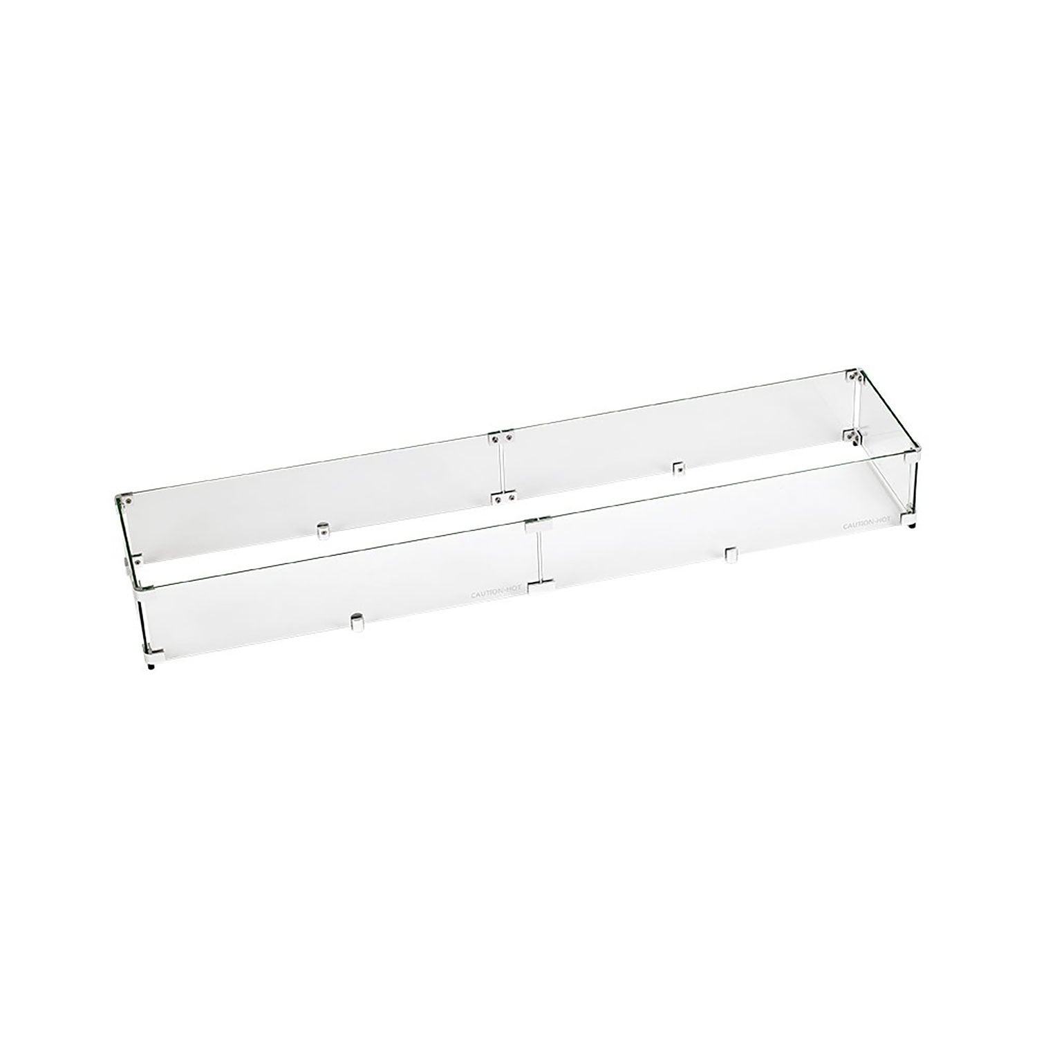 Linear clear glass wind guard panel with metal brackets for a fire pit