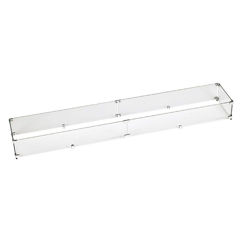 Linear clear glass wind guard with metal brackets, long rectangular flame shield
