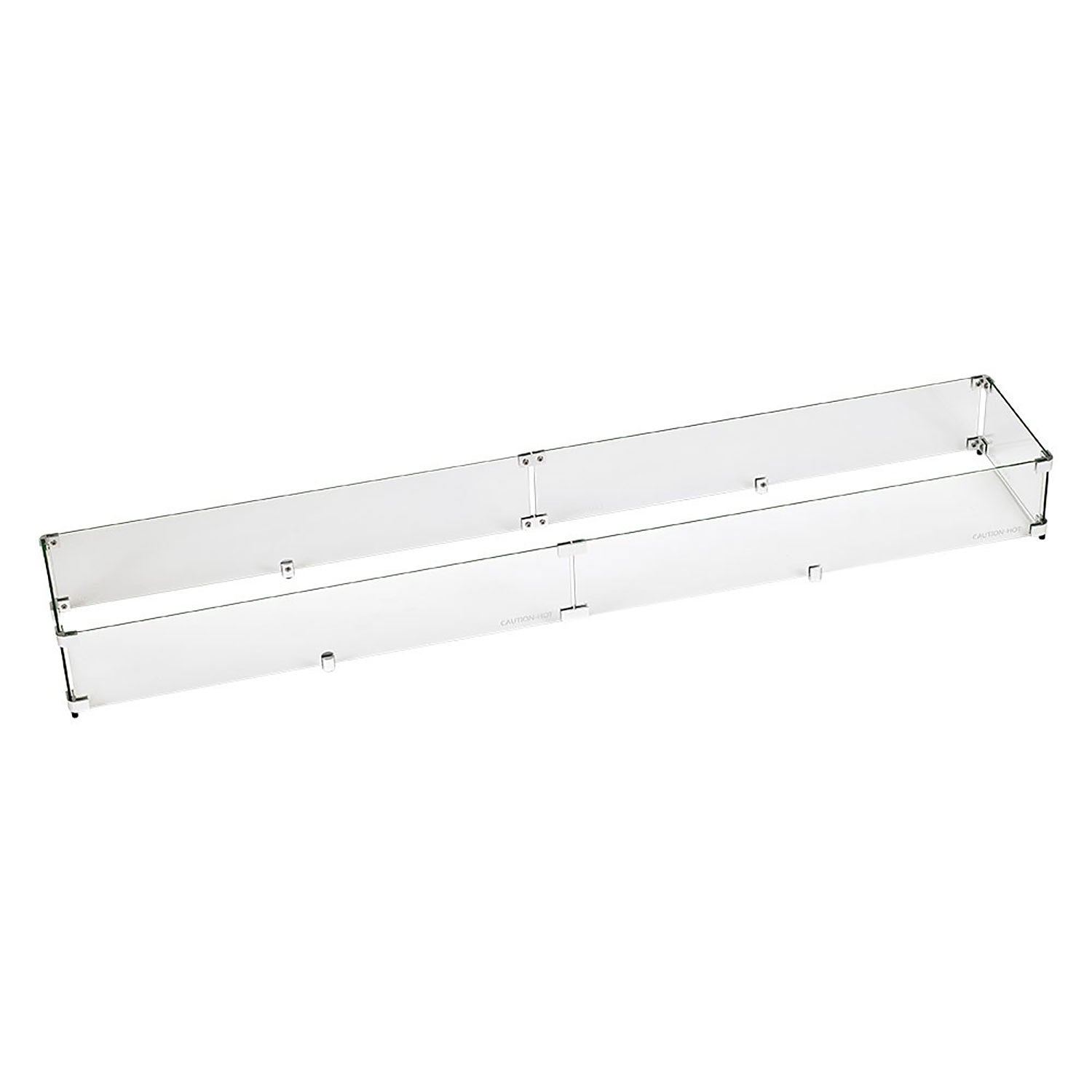 Linear clear glass wind guard with metal brackets, long rectangular flame shield
