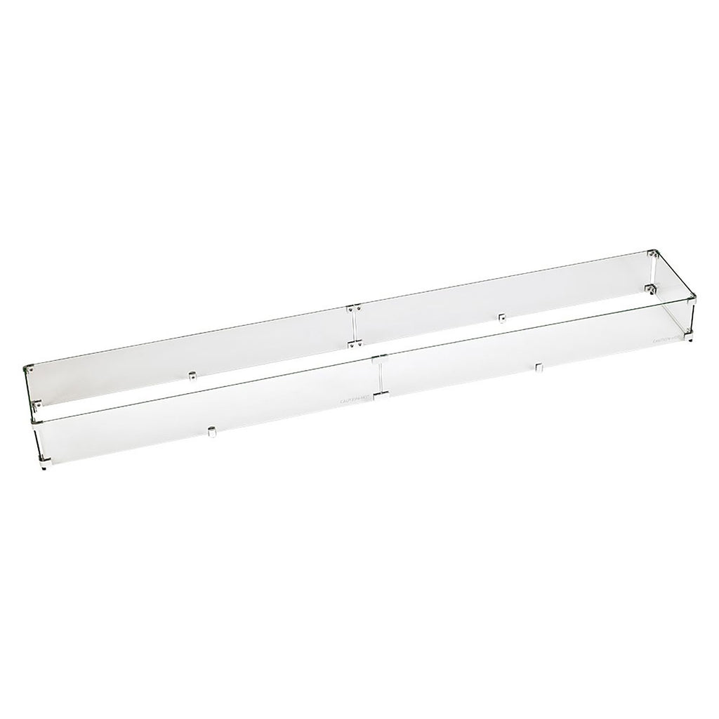 Linear clear glass fire pit wind guard with metal end brackets, long panel