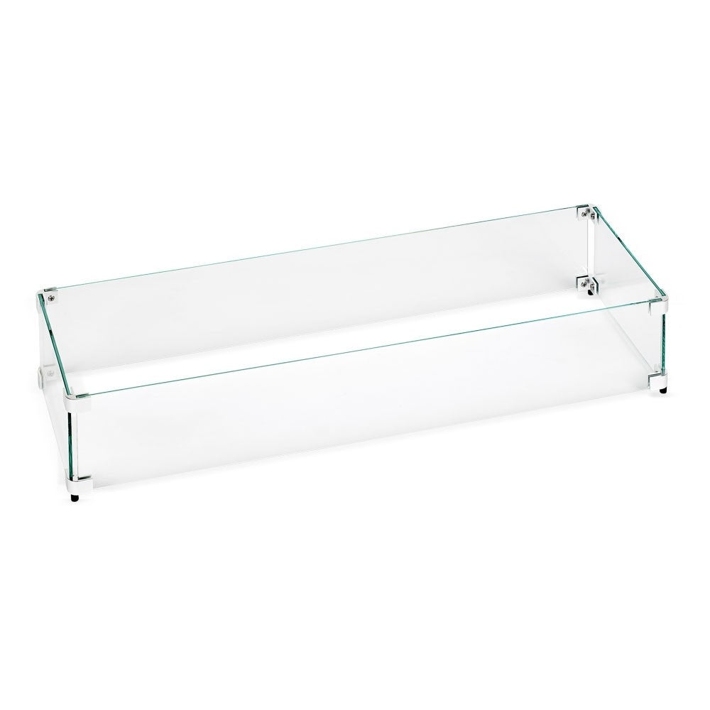 Linear clear glass wind guard with metal corner brackets, rectangular fire pit insert
