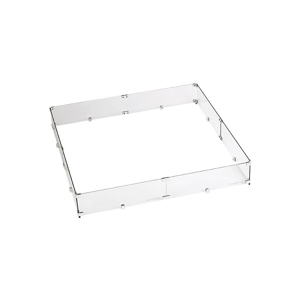 Square clear glass wind guard for fire pit with metal frame, viewed from above
