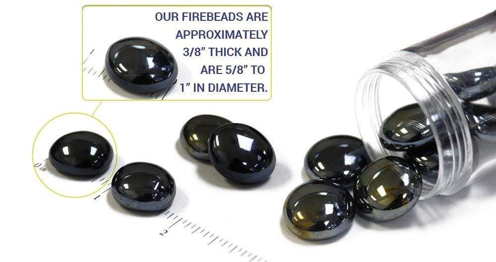 Dark glass fire beads in a clear container with size label and ruler