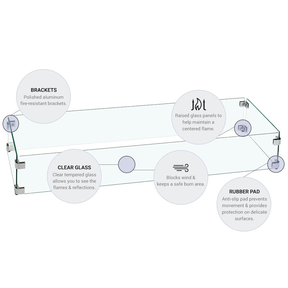 Clear glass wind guard panels with metal brackets and rubber pads, side view diagram