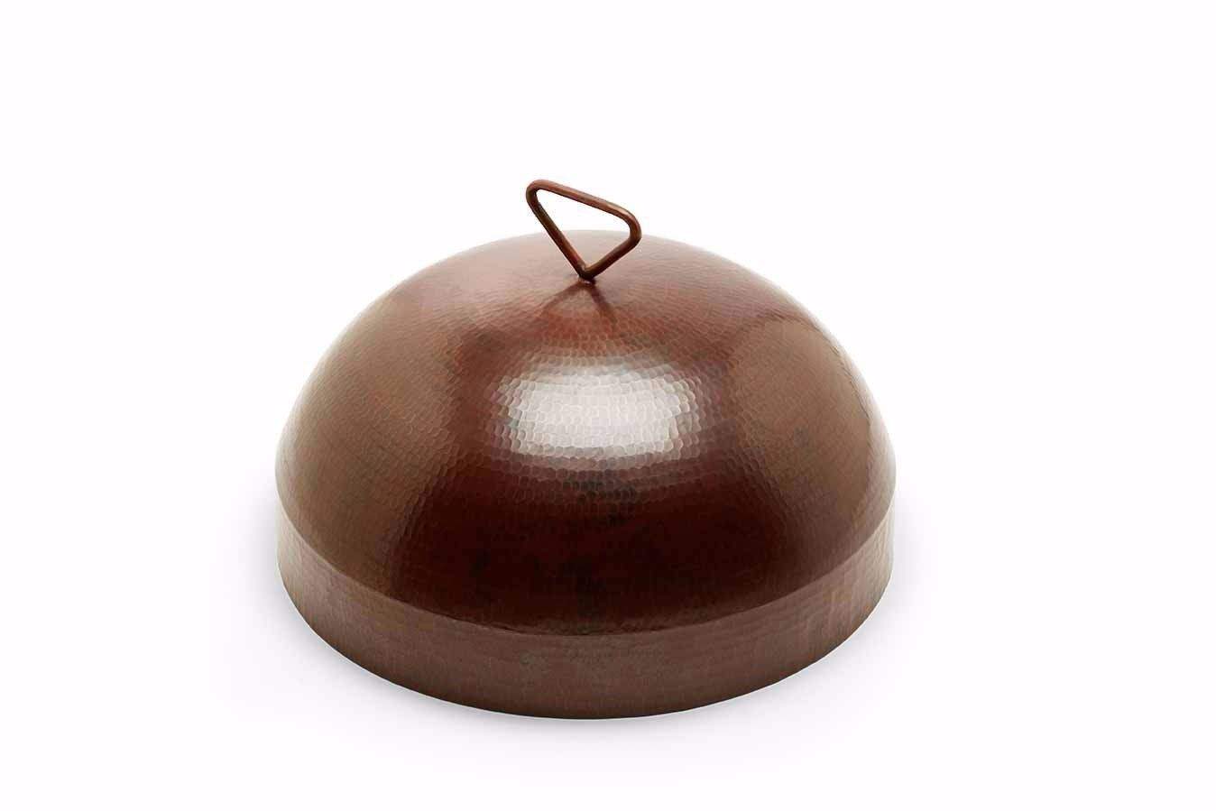 Hammered copper round fire bowl cover with domed top and loop handle