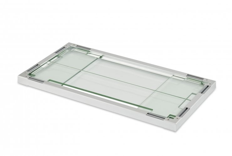 Clear folding glass guard panel with metal frame and green-tinted glass panes