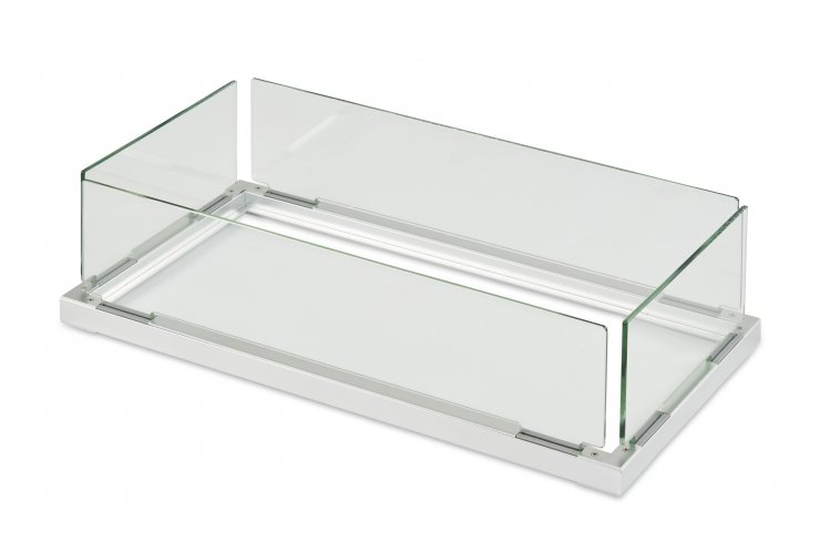 Clear folding glass guard with gray metal frame and hinge bars on base
