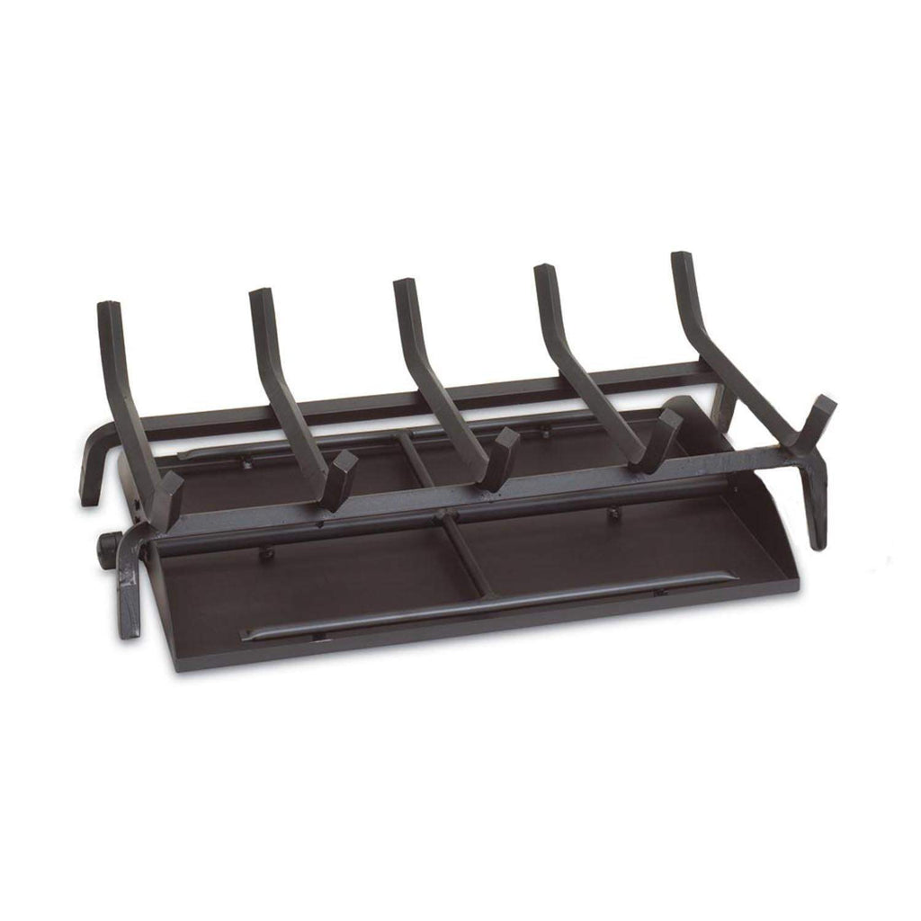 Vented fireplace burner system with black metal grate and mounting legs