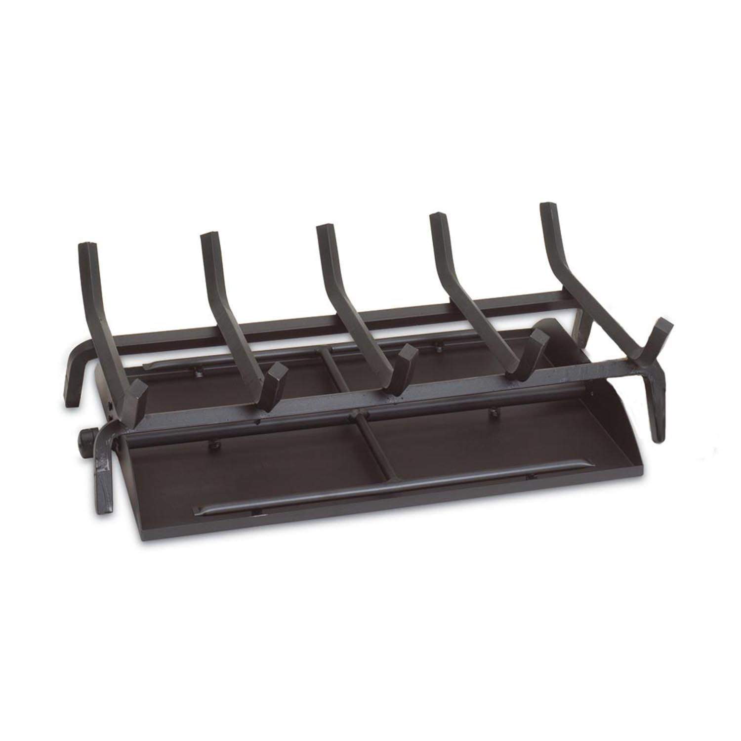 Vented fireplace burner system with black metal grate and mounting legs