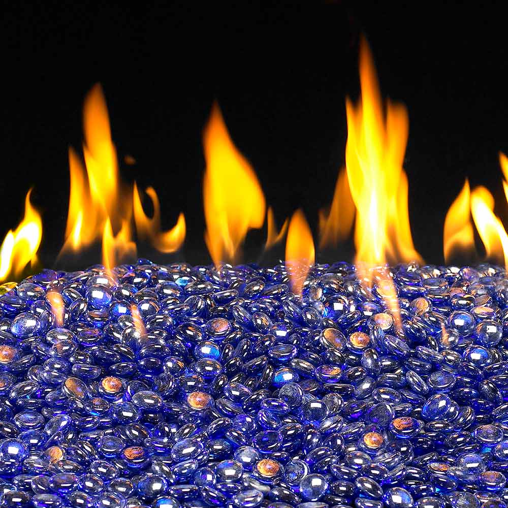 Blue glass fire gems piled in a bed
