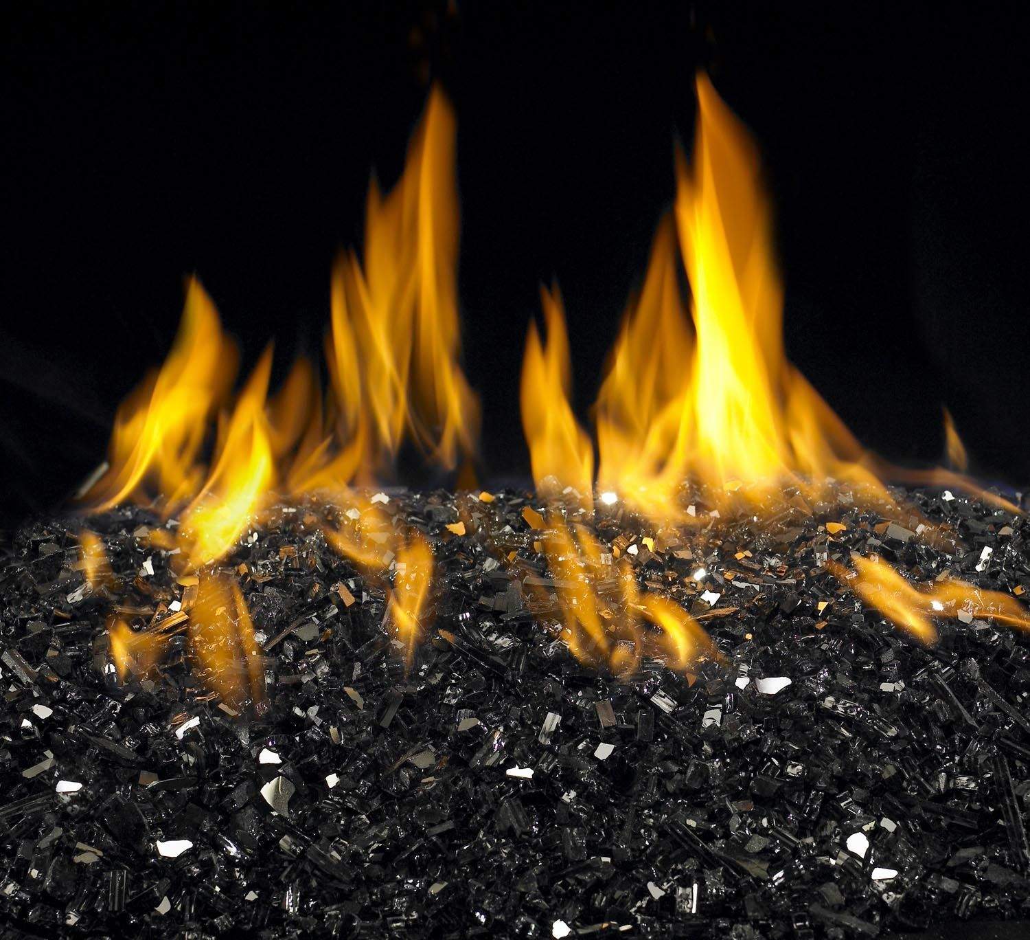 Vent-free glass burner kit with tall flames above black glass fire media
