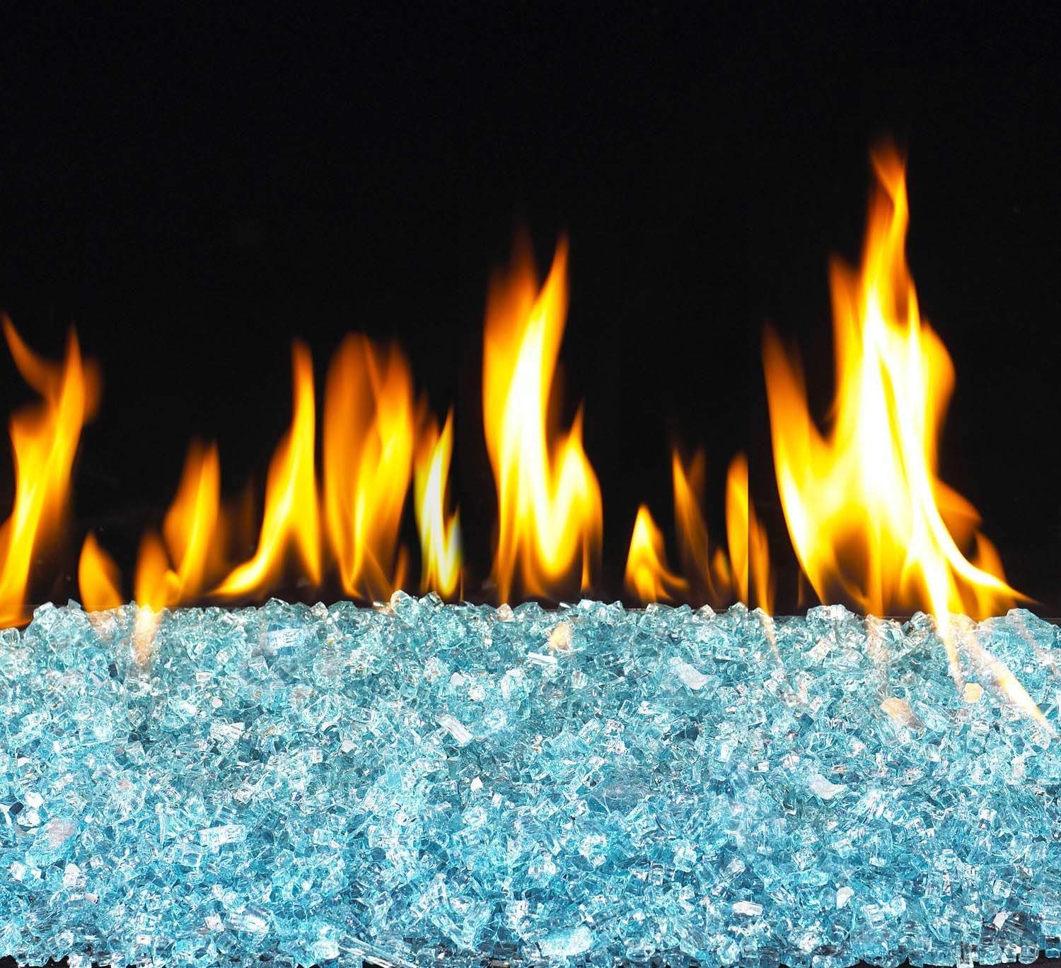 Vented glass burner with blue-gray glass media and orange flames