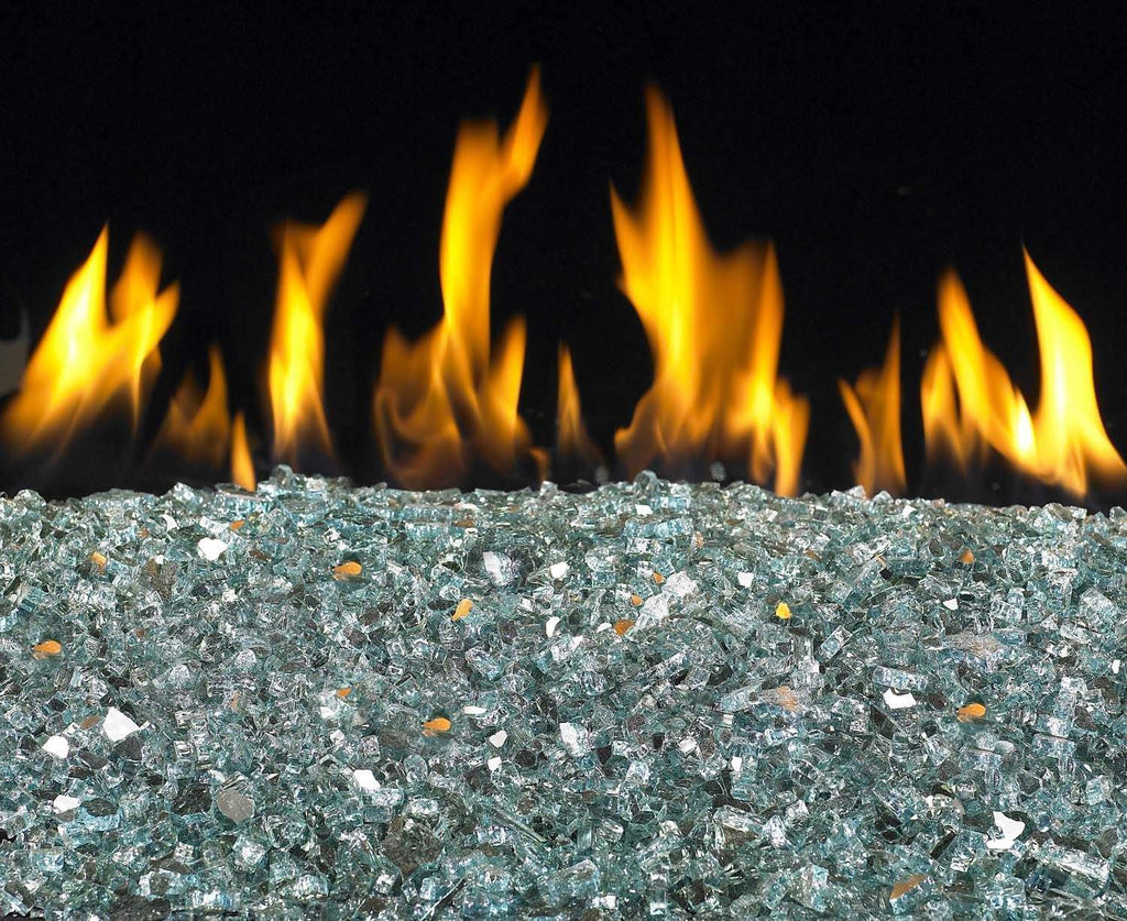 Vent-free glass burner kit with flames above green glass fire media