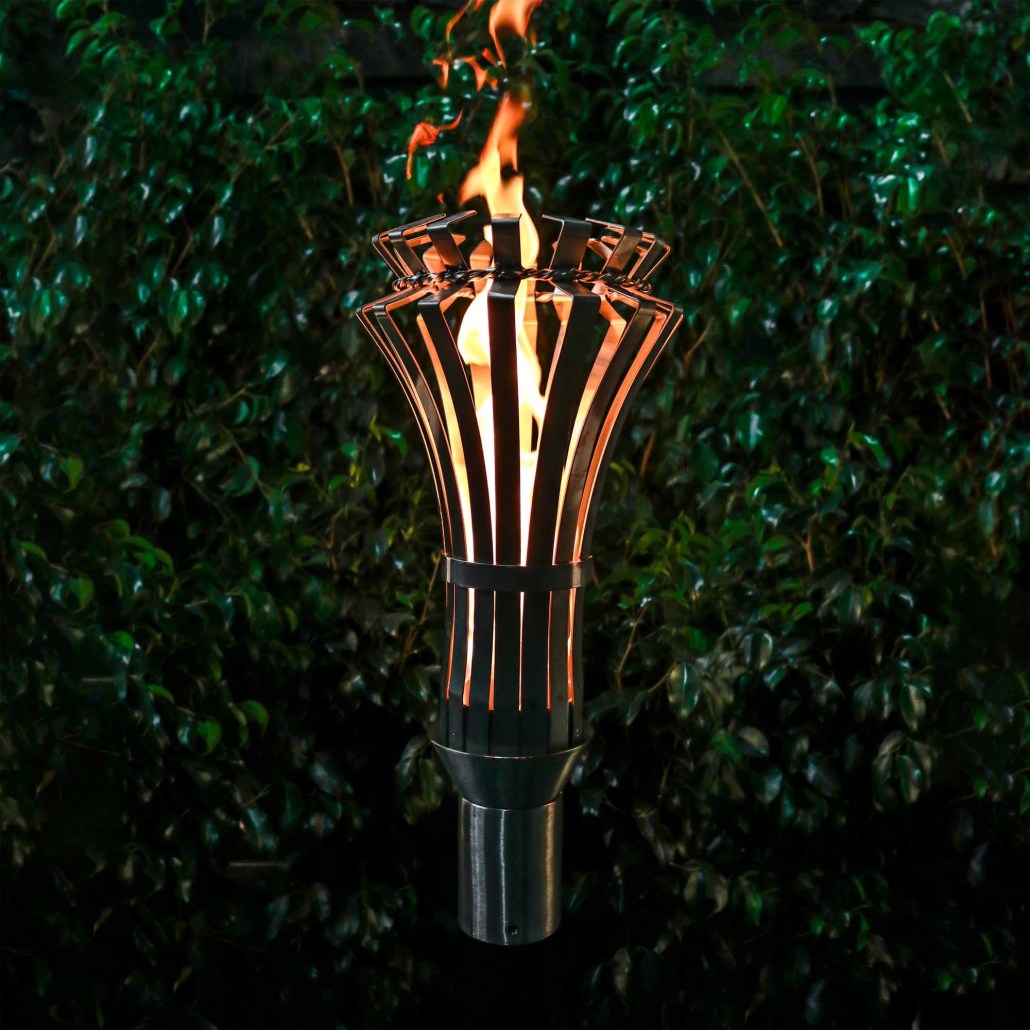 Outdoor torch with metal stand and flame guard, brushed steel finish