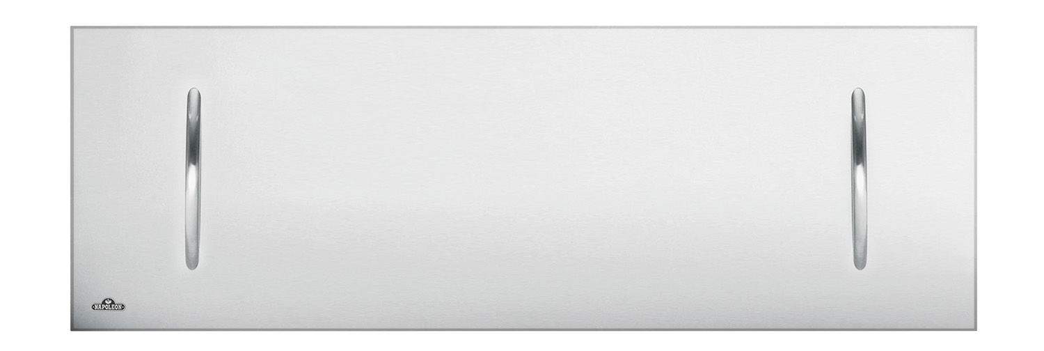 Brushed stainless steel fireplace cover with left and right vertical pull handles