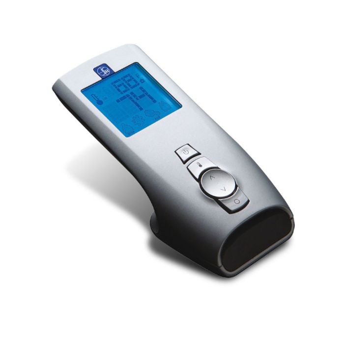 Thermostat remote control with blue LCD screen and round knob, gray/white body