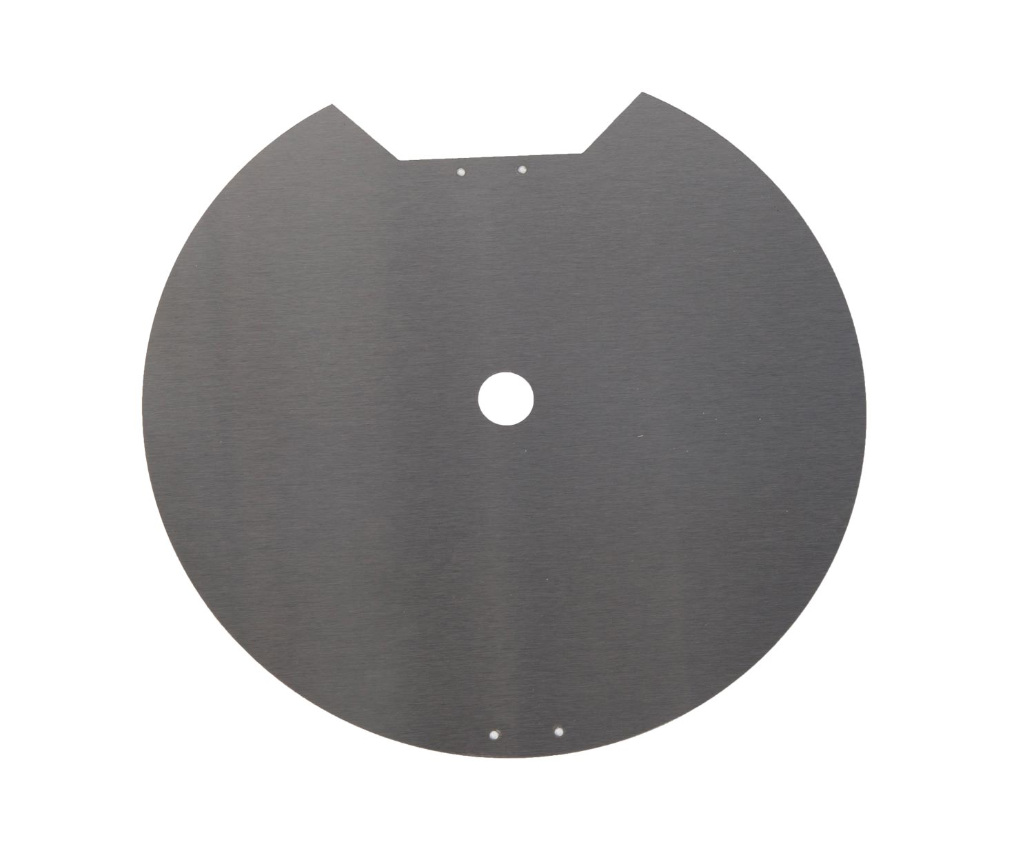 Heat deflector shield, dark gray round plate with center hole and small mounting holes