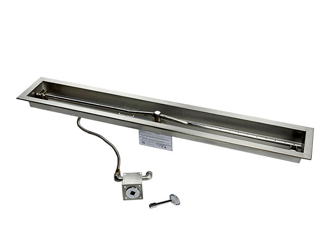 Rectangular fire pit burner opening with gas valve and igniter parts on metal frame