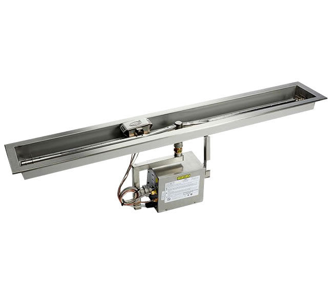 Rectangular fire pit burner tray with ignition module and wiring underneath