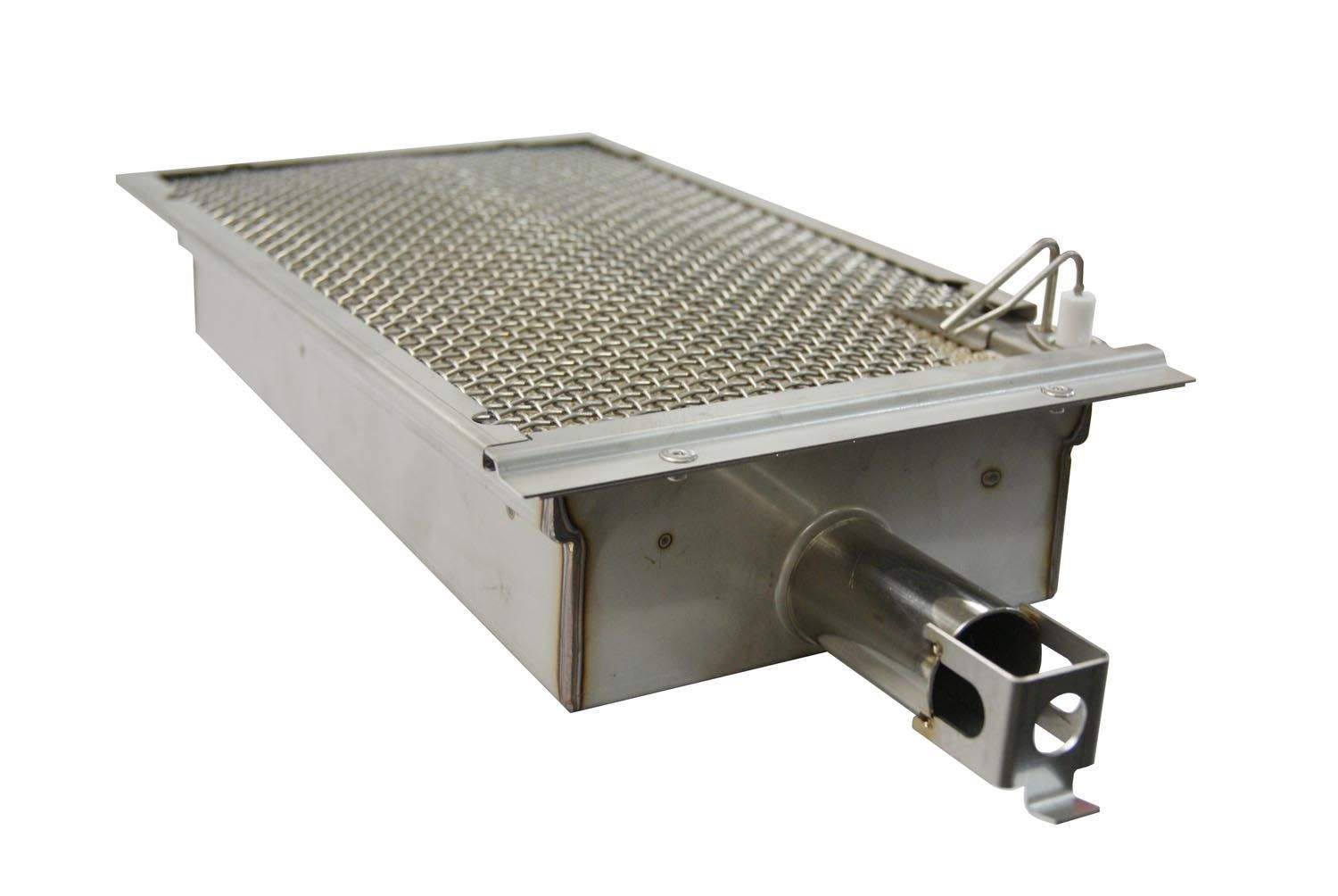 Infra-red burner system with metal housing, radiant mesh plate, and ignition electrode