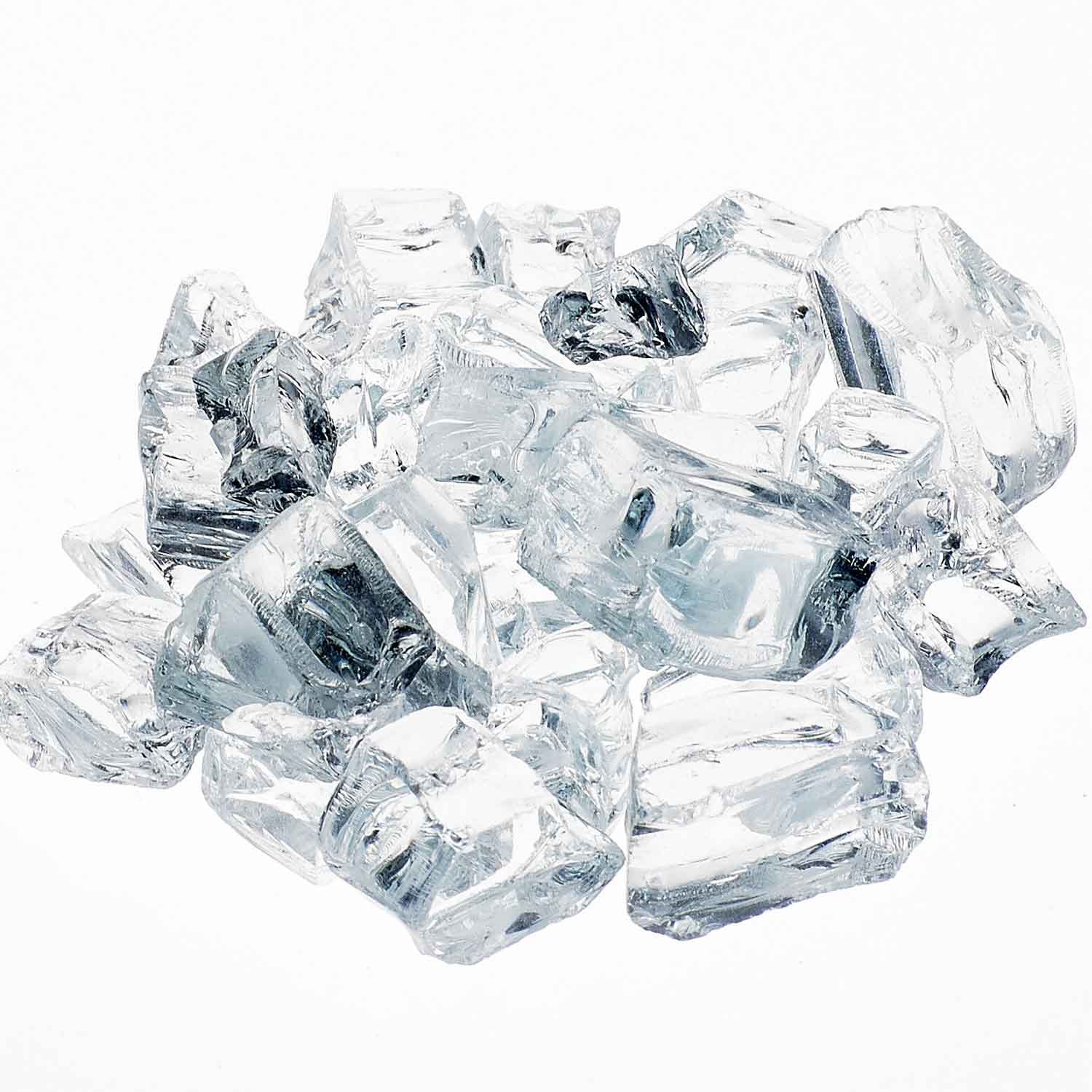 Reflective fire glass, clear and light blue irregular chunks