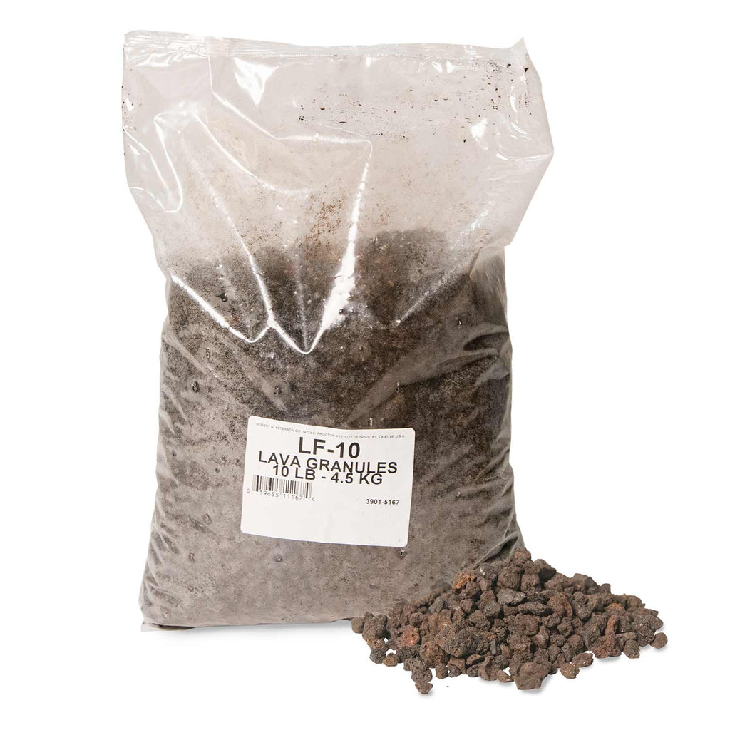 Lava rock granules in plastic bag, dark gray-brown, with product label
