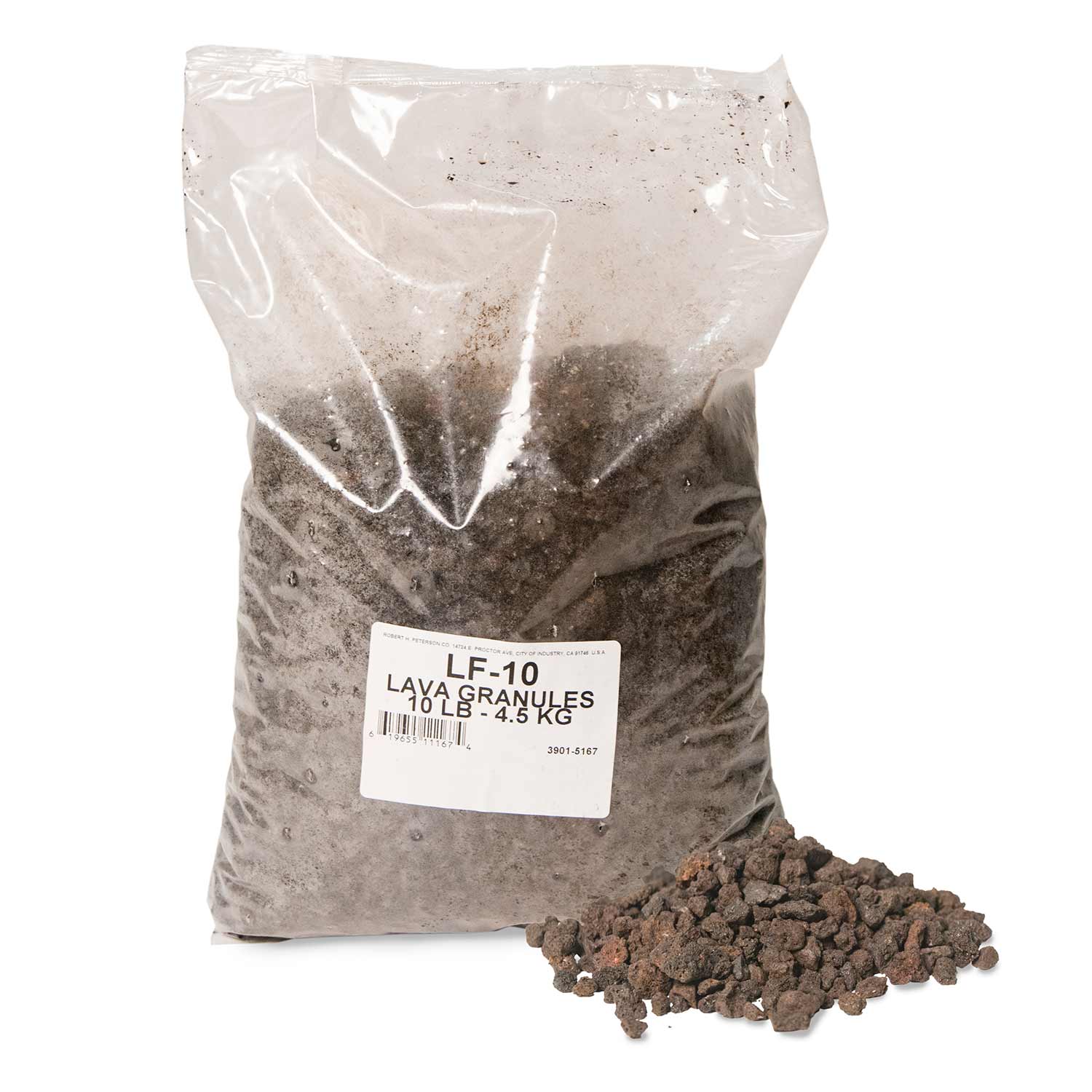 Lava rock granules in plastic bag, dark gray-brown, with product label