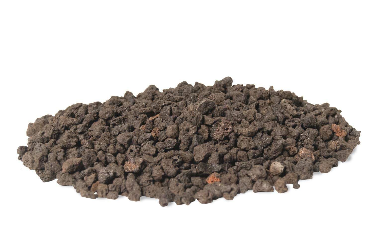 Lava rock granules pile, dark gray-brown, irregular pebble-like pieces